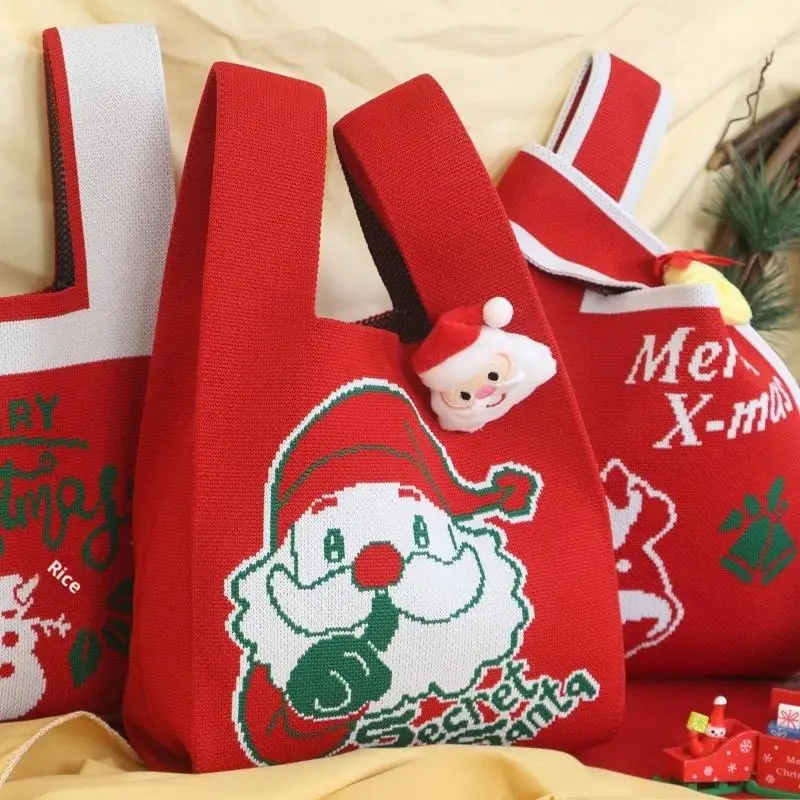 

Christmas Knit Storage Bags Santa Snowman Elk Wrist Handbag Reusable Shopping Tote