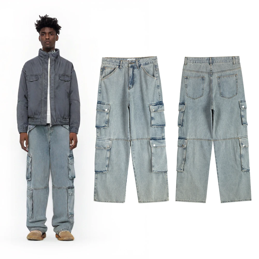 الشارع الشهير المتعثرة التصحيح جيوب البضائع الدنيم الجينز ملابس للرجال الهيب هوب الشارع نمط عادية الدينيم مضيئة روك إحياء الجينز #1