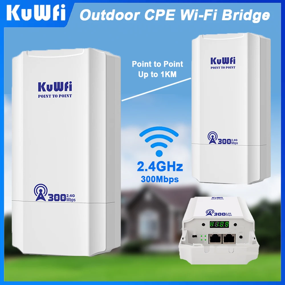 

KuWFi Outdoor 300Mbps 2.4Ghz Wi-Fi Router CPE Bridge PTP PTMP 1KM Signal Extender AP Repeater 24V POE for Home Security Camera