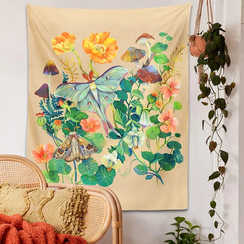 Floral Luna Moth Tapestry Wall Hanging Botanical Psychedelic Mushroom Flower Wildflower Rose Hippie Home Living Room Decor