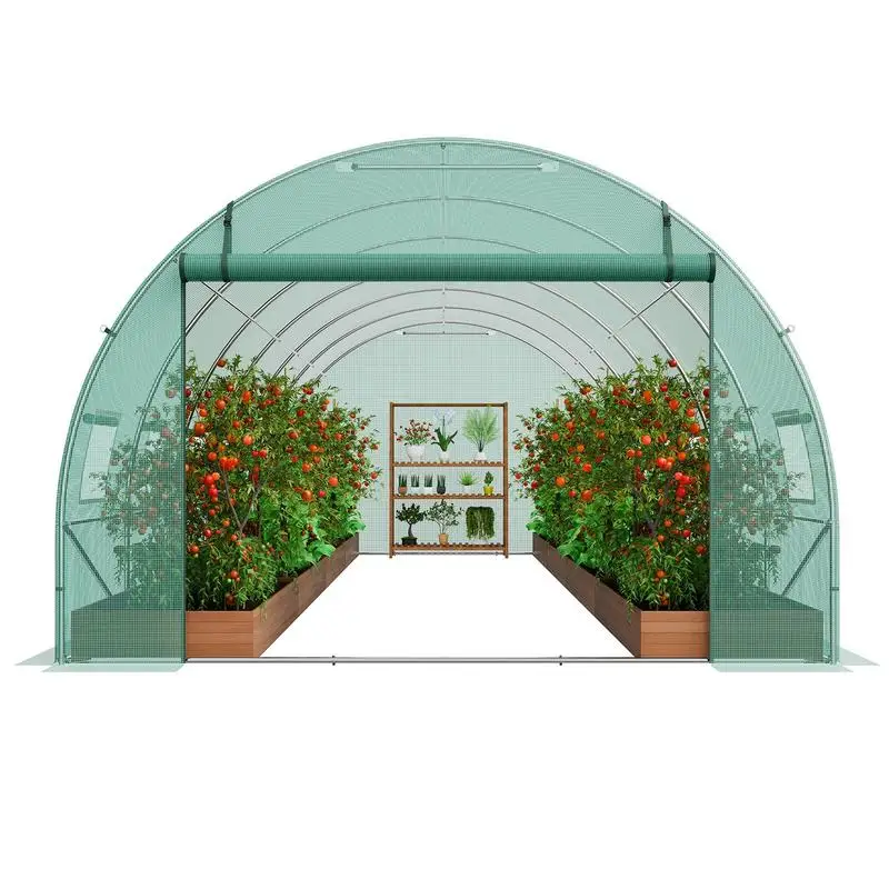 Serre tunnel de plain-pied, 6,8 x 2,8 x 2,0 m, serre tunnel en film plastique, serre pour plantes avec structure en acier galvanisé, couverture en PE vert, porte à fermeture éclair et 12 fenêtres pour usage extérieur