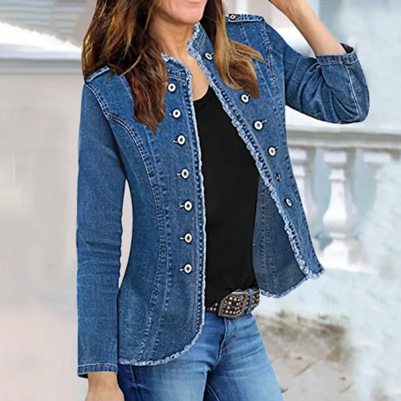 

Jeans Casual Jackets Ladies 2024 Tassel Single Breasted Slim Denim Coat Vintage Blue Washed Long Sleeve Plus Size Women Jackets