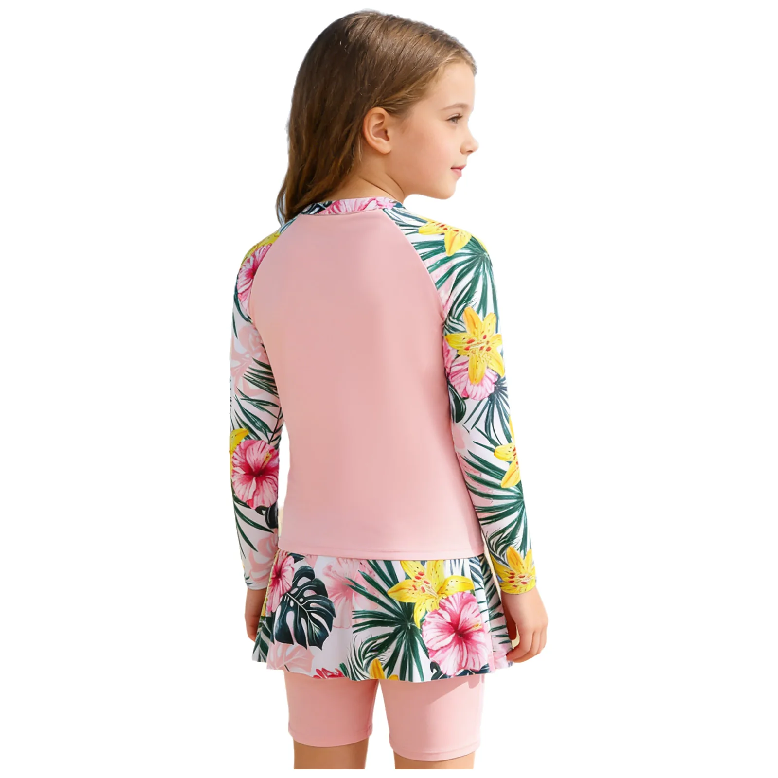 Kids Girls Printed Swimsuit 2 Pieces Bathing Suit Long Sleeve Rash Guard UV Protection Tops with Skirted Shorts Beach Swimwear