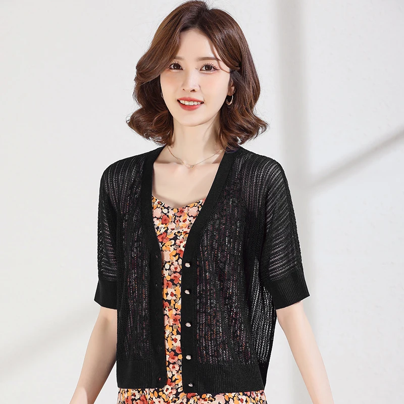 Women's Hollow Out Cardigan Summer Mulberry Silk Knitwear Lady Single Breasted Knit Coat Short Transparent Sun Protection Shirt