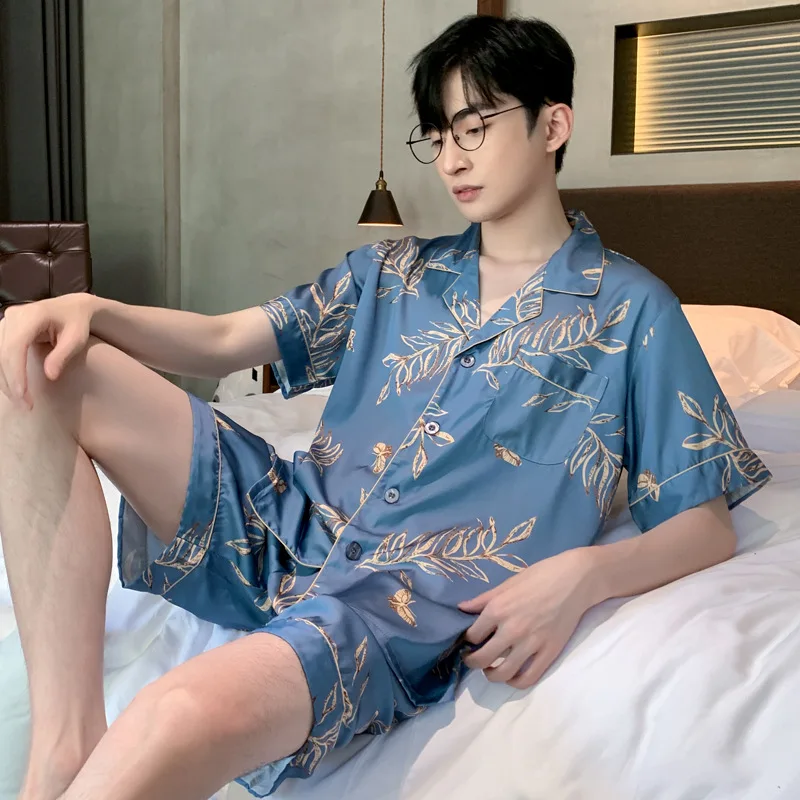 High Quality Satin Pajamas Set Spring Autumn Home Clothing Summer Thin Short Sleeved Ice Silk Long Large Size Sleepwear Set Male