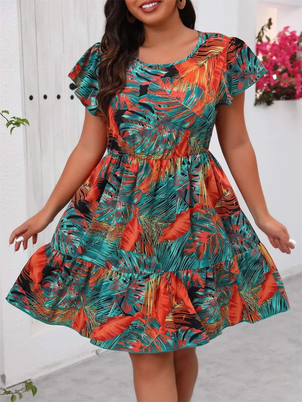 GIBSIE Plus Size Tropical Print O-Neck Ruffle Hem Dress Women Vacation Boho Beach Casual Big Swing Summer Mini Dresses 2025