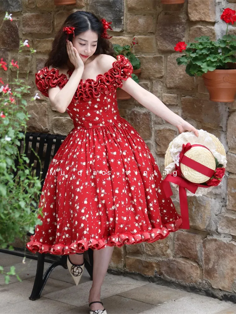 84-101 センチメートルバスト夏の赤いドレスの女性 ElegantSlim セクシーなオフショルダー花誕生日パーティードレスビッグスイングプリンセスふわふわスカート