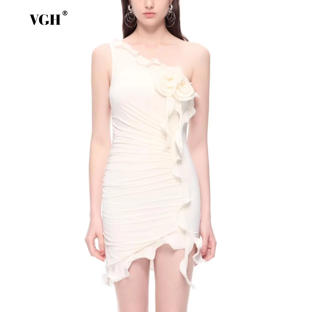 

VGH утягивающее однотонное мини-платье с аппликацией для женщин с диагональным воротником без рукавов и высокой талией, сексуальное вечернее платье со складками, женское