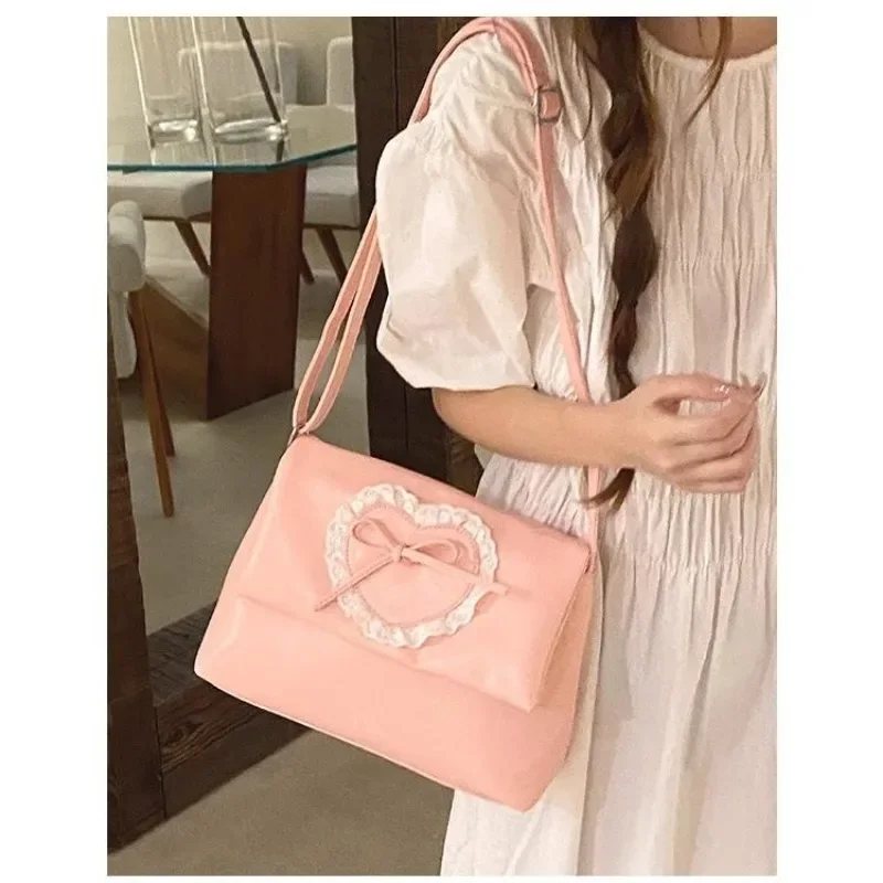 Xiuya Pink Sweet Shoulder Bag for Women Love Heart Fashion Large Capacity Casual Armpit Bag Elegant Harajuku Literary Handbag