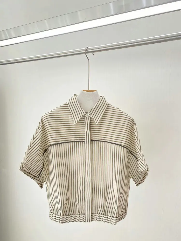 Summer Women 100% Linen Blouse Striped Bead Chain Turn-down Collar Short Sleeve Casual Female Shirt