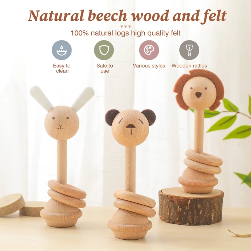 1Pc Natural Beech Wooden Felt Animal Rattle Toy Baby Montessori Sensory Comfort Easy Clean Gift Newborn 0-12 Months