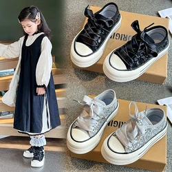 Bling Mesh Breathable Casual Children Sneakers 2024 New Thick Sole Retro Lace-up Flats Girl Casual Platform Vulcanize Shoes