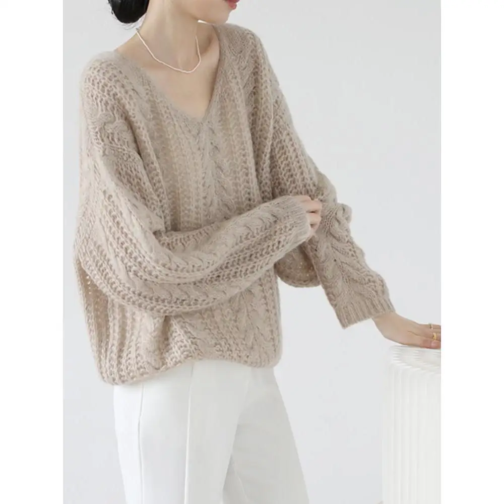 Women Sweater  Soft and Glutinous Imitation Mohair Sweater V-neck hollow Knit Top French style lazy style