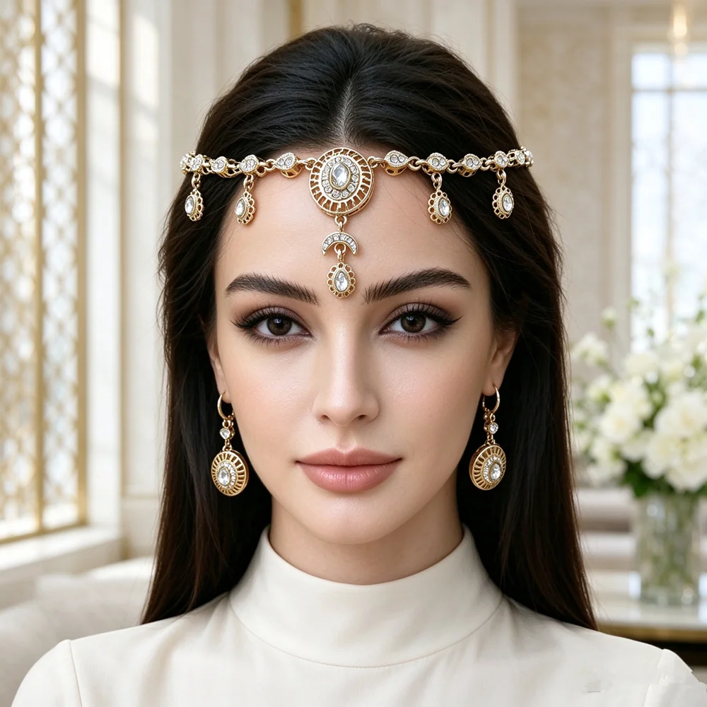 Boho Crystal Forehead Chain Headband Middle East Ethnic Head Set Ornament For Women