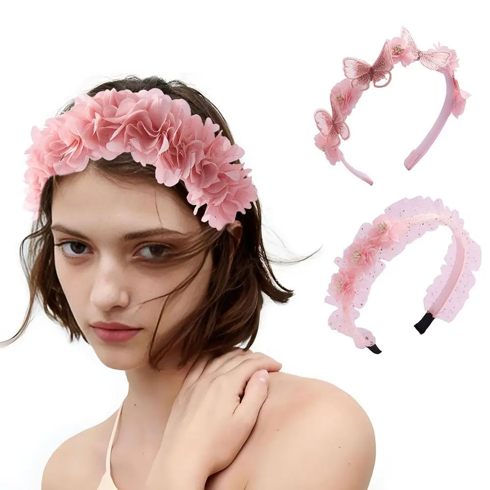 

Hair Accessories Handmade Butterfly Flower Headbands Cute Fashion Pearl Wedding Crown Pink Headgear Girls Women Lady