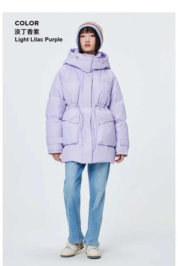 Metersbonwe Women's Oversized Long Hooded Down Jacket Adjustable Pig Nose Buckle Waist Belt Utility Duck Down Parka Warm Winter