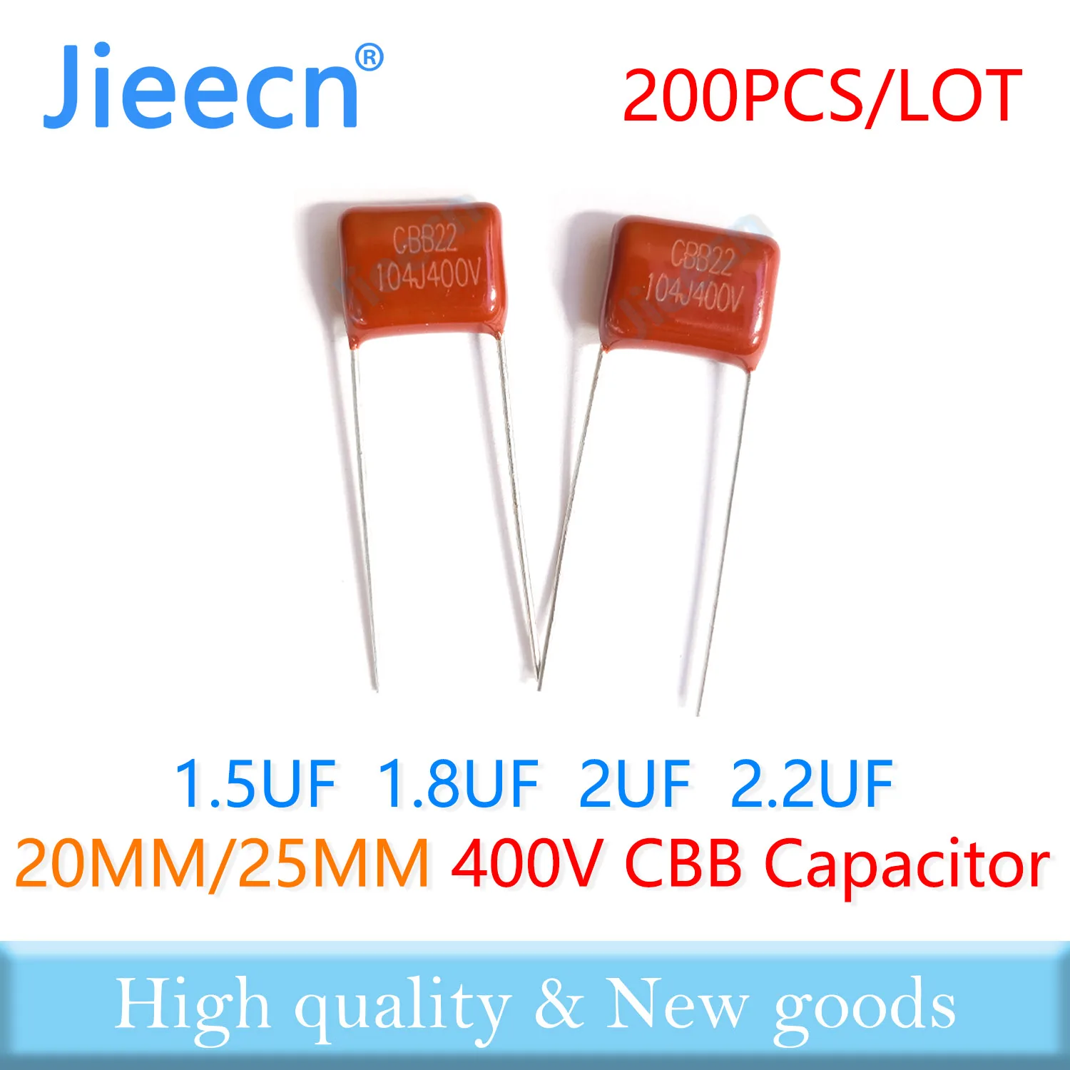 

Jieecn 200PCS 400V 20MM 25MM 1.5UF 1.8UF 2UF 2.2UF 155J 185J 205J 225J CBB Polypropylene Film Capacitor High Quality