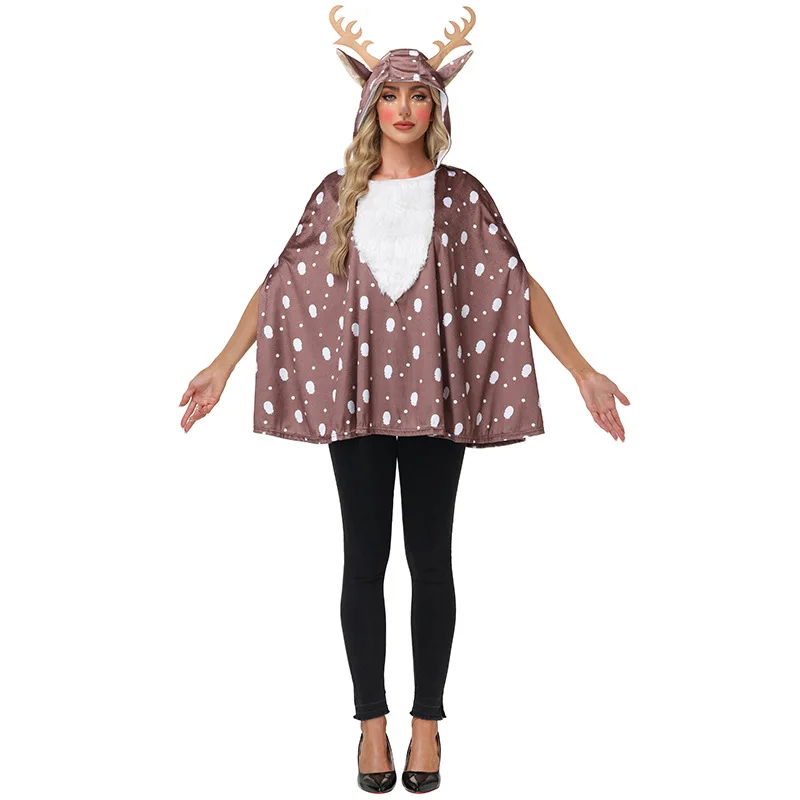 Disfraces de Halloween, Navidad, Carnaval, Cosplay, alce, ciervo, MILU Cos, capa marrón estampada con queros astas, Abrigo con capucha