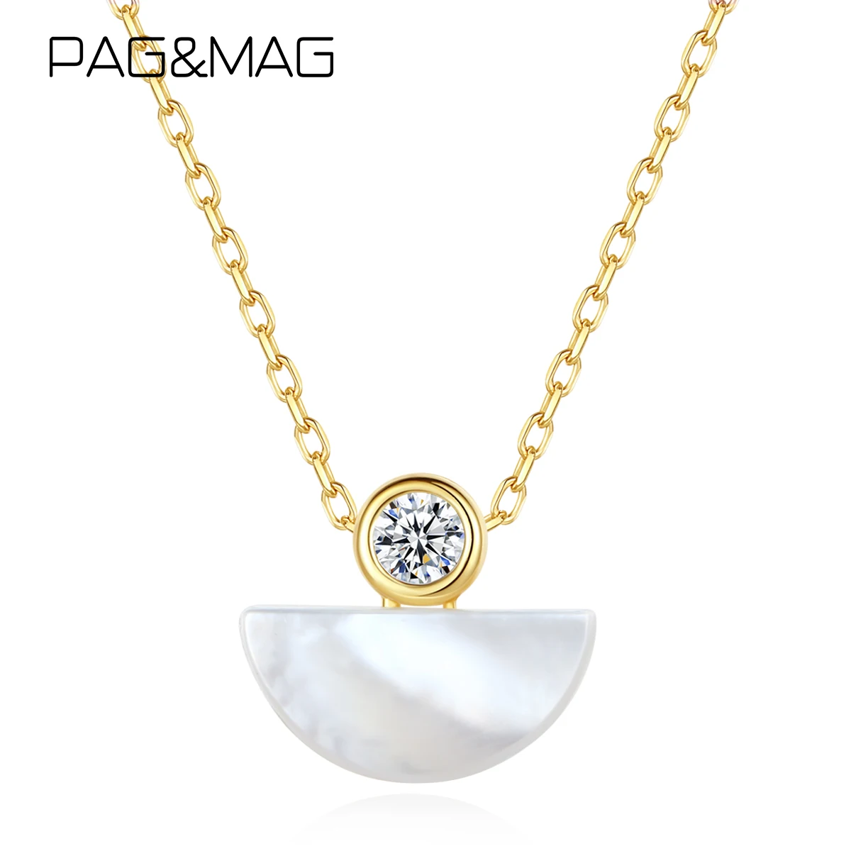 PAG&MAG S925 Silver Half Round Sector Shape Necklaces Clear CZ Drop Chain Simple Design Decoration Jewelry for Women Ladies Gift