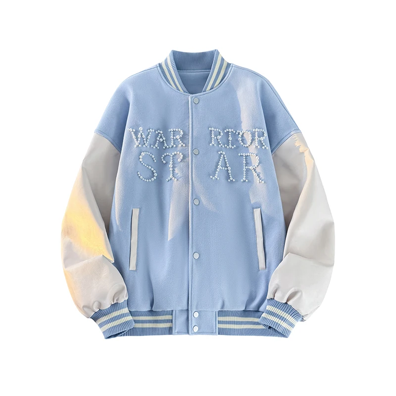 

Ретро-бейсбольная куртка в американском уличном стиле для мужчин и женщин, с цветными вставками и жемчужным дизайном, модная верхняя одежда