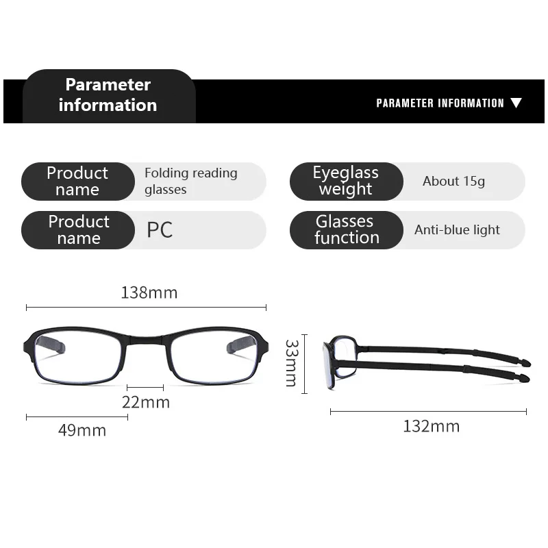 نظارات قراءة قابلة للطي وصندوق إطار أسود أحمر مضاد للضوء الأزرق نظارات محمولة TR90 نظارات بعيد النظر الديوبتر + 1.0 + 1.5