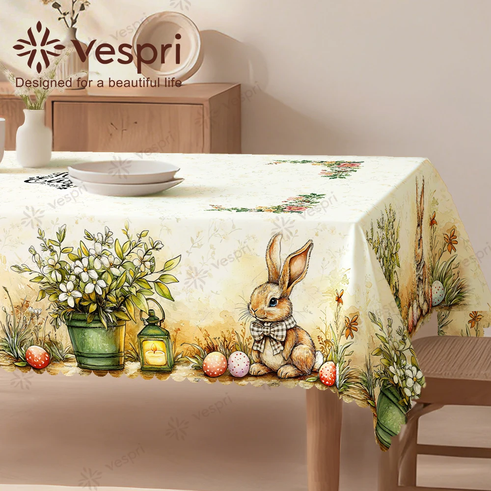 Vespri Oster-Tischdecke Gelb-Grün mit Hasen, Laternen und Blumen, Polyester-Tischdecke für Party- und Festdekoration
