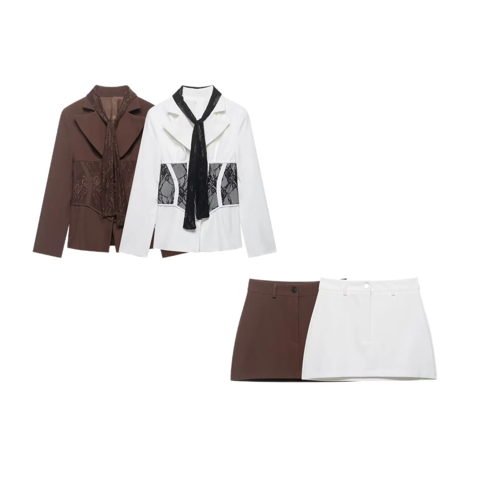 Lace Spliced Belted Waist Suit Chic Notched Lapel Single Breasted Long Sleeve Coat With Mini Skirt Women Elegant Commute Outfit