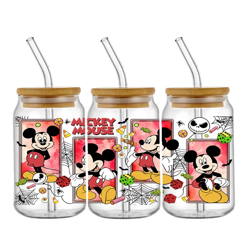 Disney Halloween Mickey Princess Stitch 16OZ UV DTF Cup Wraps Transfer Sticker For Glass Libbey Can Bottle  Washable DIY Custom