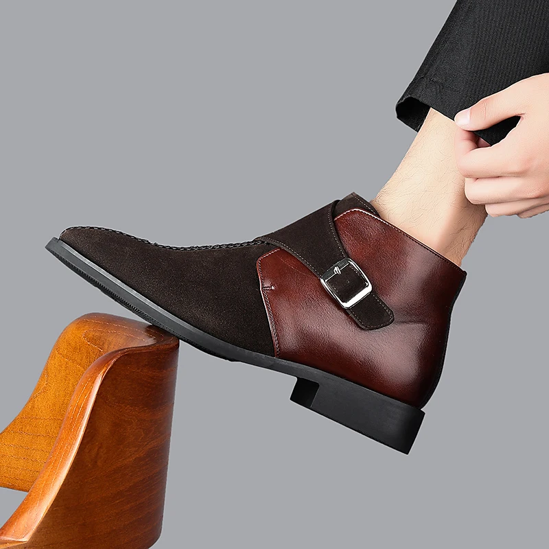 

Men High Top Boots PU Splicing Faux Suede Pointed Toe Business Men Boots Size 38-46