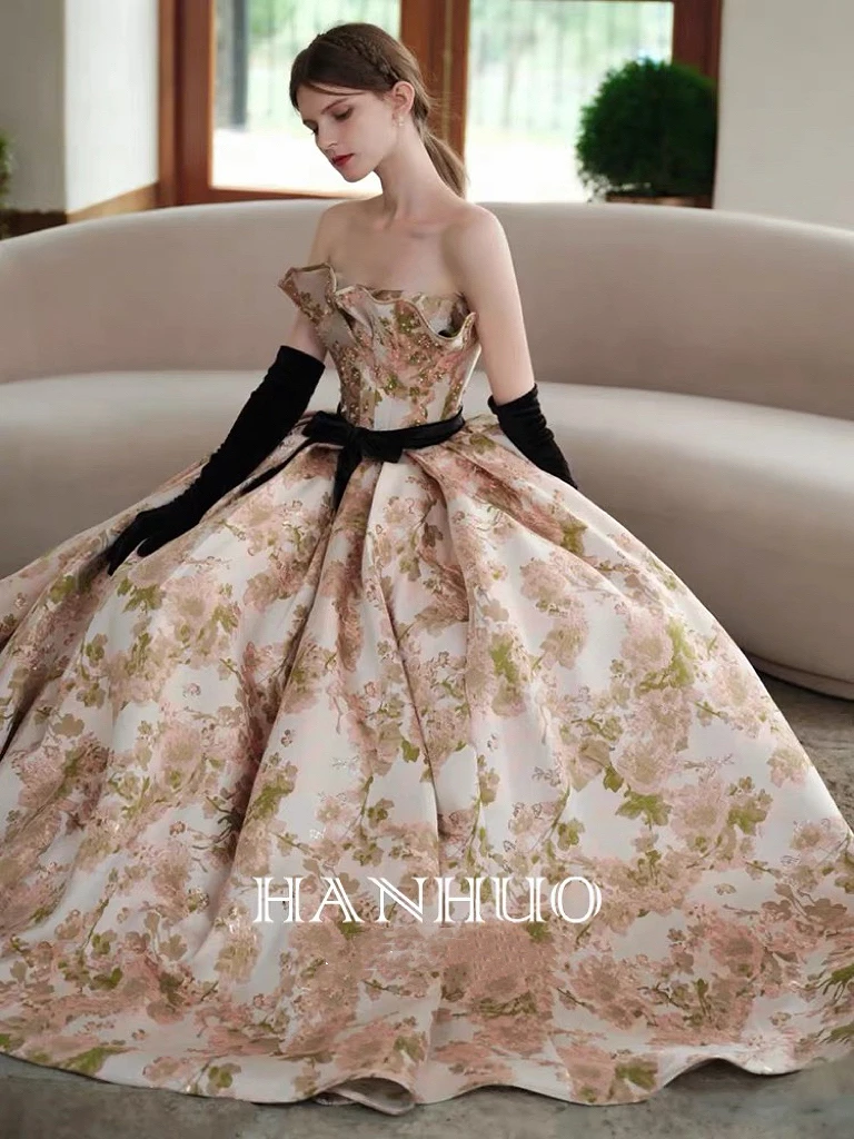 Palace Jacquard Evening Dresses Strapless Ruffle Sleeveless Printed Princess Belt French Ball Prom Gowns For Wedding Toast