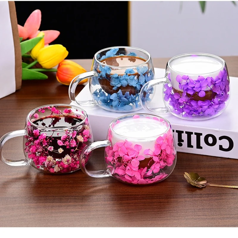 

350ml Double-layer Dried Flower Glass Cup High Temperature Resistant Coffee Cup with Handle Dried Flower Decorative Milk Cup