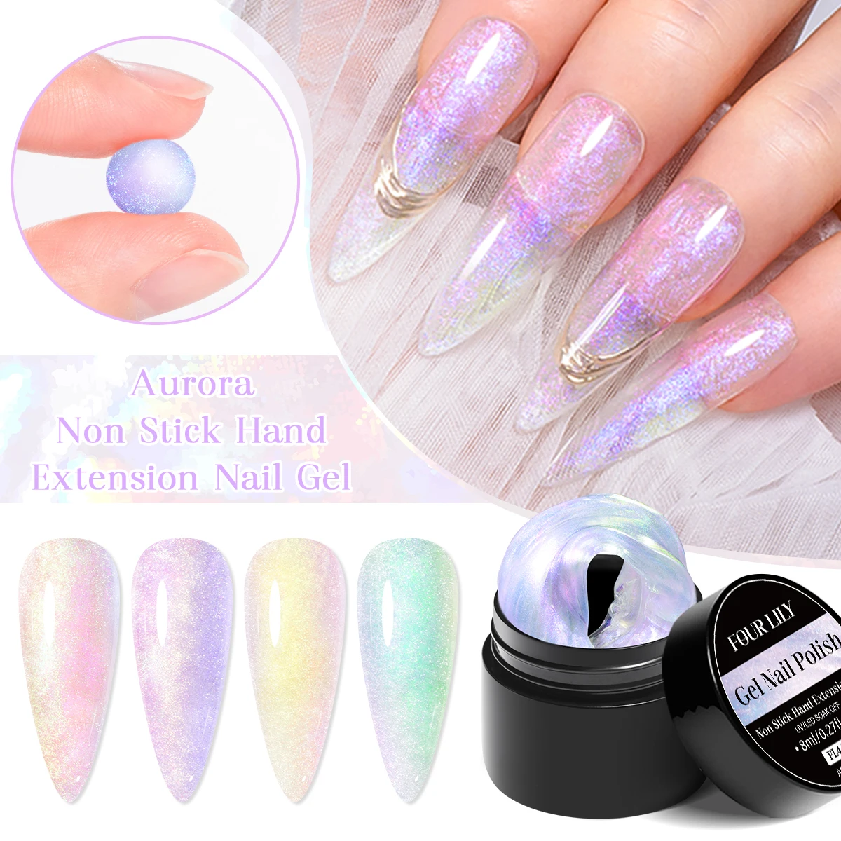 

FOUR LILY 8ml Aurora Solid Non Stick Hand Extension Gel Nail Polish Purple Pink Glitter Soak Off UV Builder Gel Nail Supplies