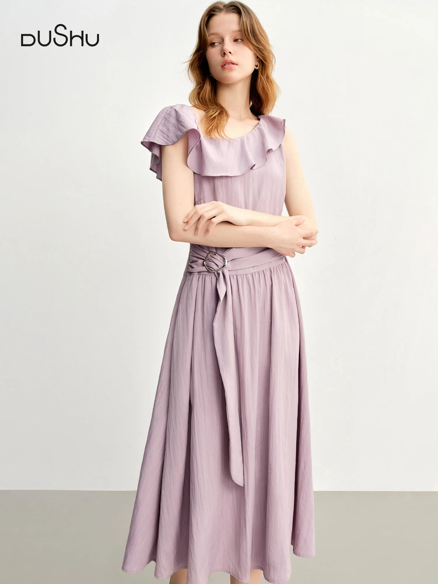 

DUSHU Light Purple Romantic Ruffled Off-shoulder Sleeveless Dress 2025 Summer New Arrival Long Dress Holiday Season 25DS88013