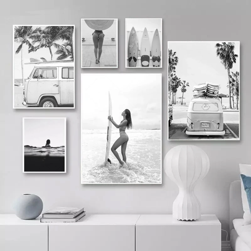 1pc Black and White Surfer Beauty Art Poster Beach Surfboard Coasta Print Vintage Minimalist Wall Art Home Living Room Decor