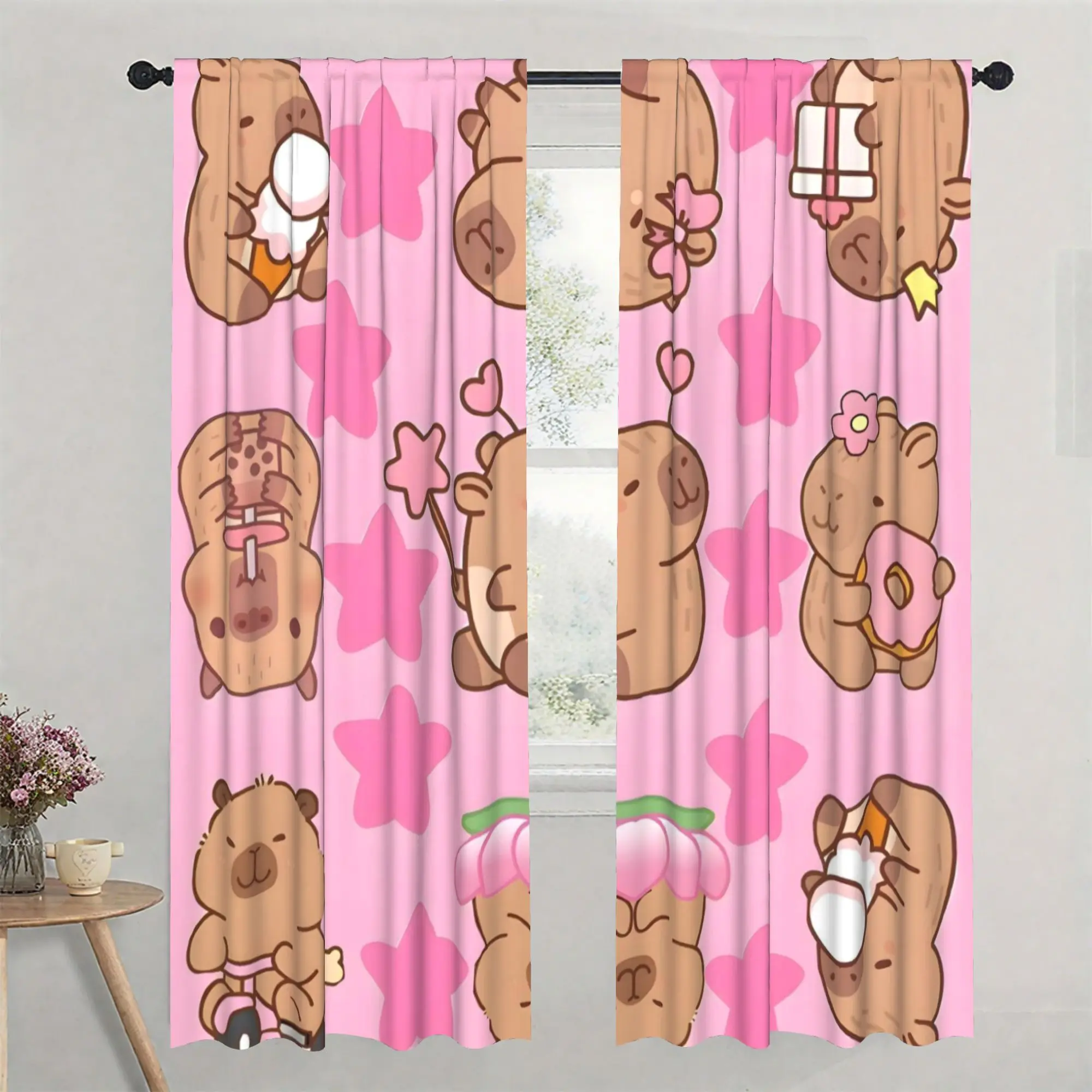 Cute Cartoon Capybara Star Window Curtain 2 Panels,Lovely Capybara Donut Ice Cream Pink Star Print Sweet Pink Background Curtain
