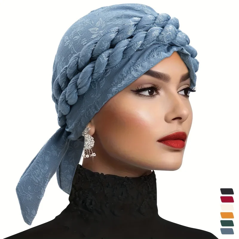 2pcs Set Detachable Headscarf Suit, Double Braid Pre-tied Turban Cap Solid Color Embossing Pleated Head Wrap Female Bonnet