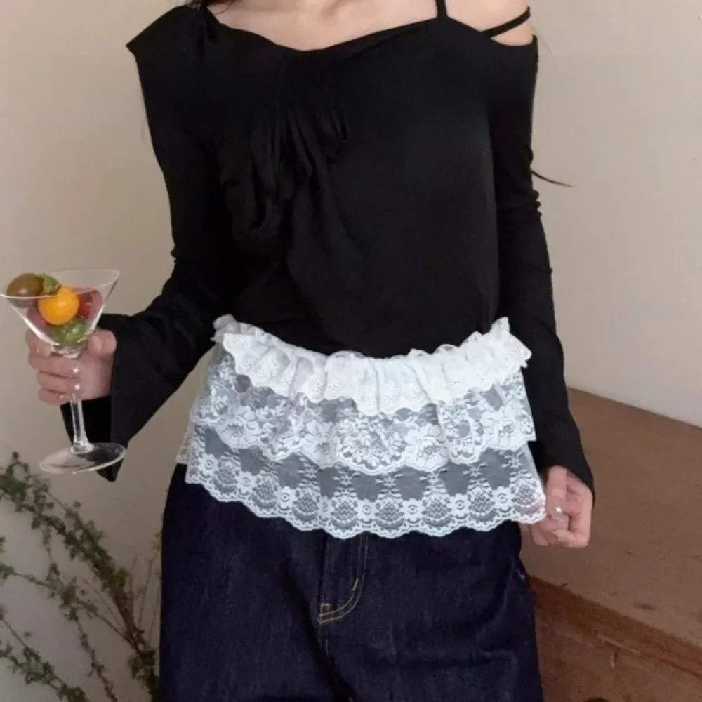 Sweet Y2k Lace Mini Skirt Short Korean Style Gauze Skirt Lace-up Flower Ruffled Edge Skirt Streetwear