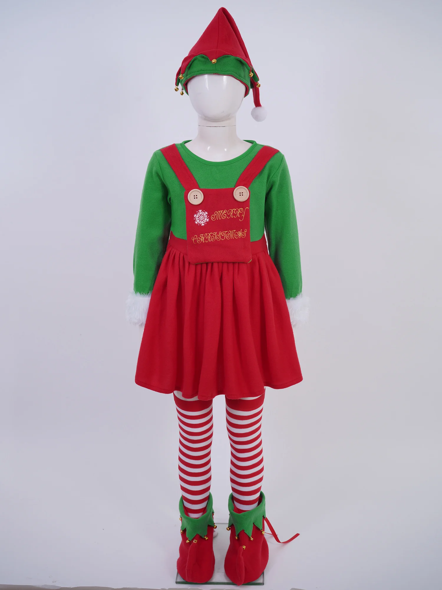 4Pcs Kids Girls Christmas Elf in Charge Costume Cute Elf Cosplay Costume Dress with Hat Shoes Cover and Stripe Stockings Outfits