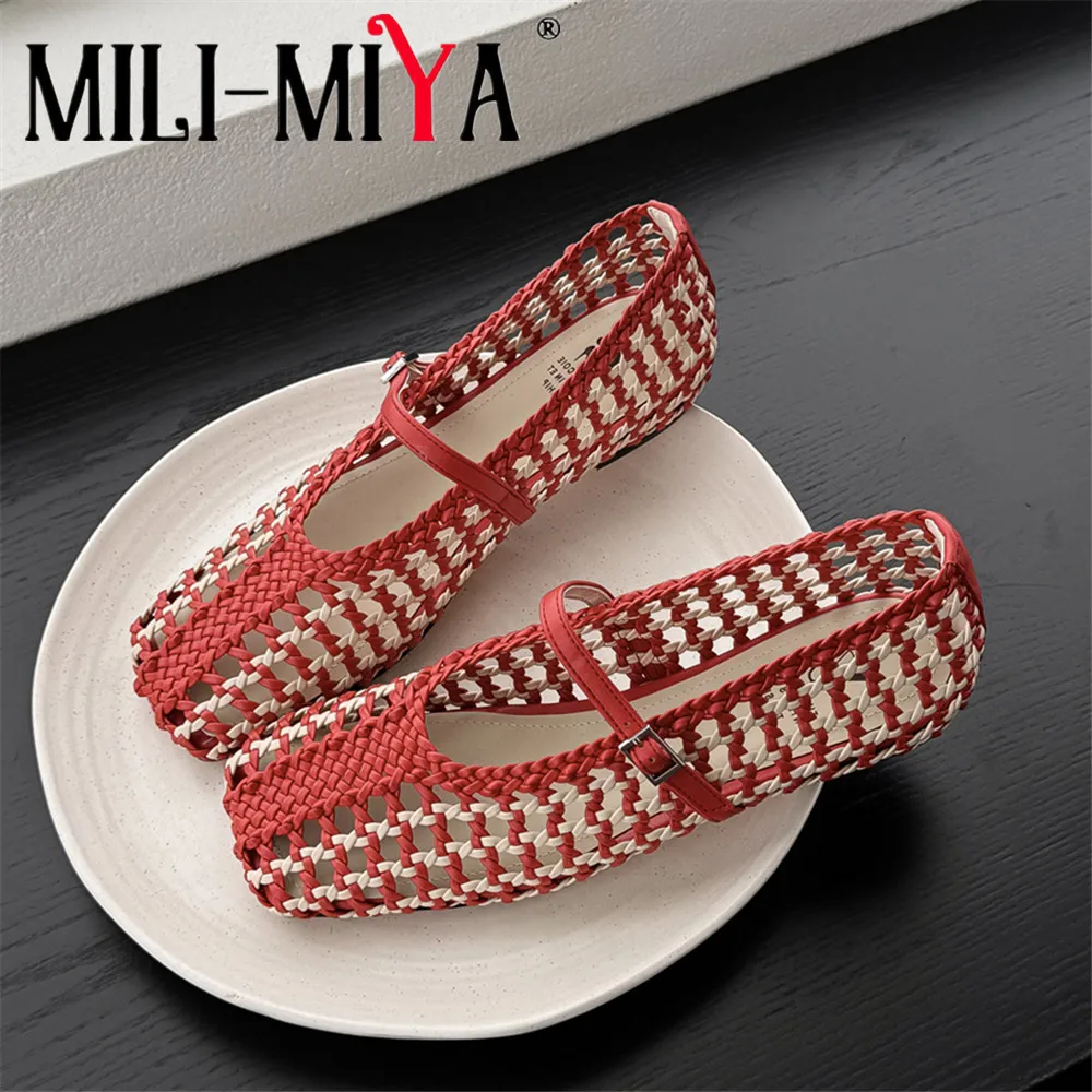 MILI-MIYA New Arrival Women Microfiber Pumps Breathable Weave Upper Square Toe Low Thick Heels Mixed Color Casual Street Shoes