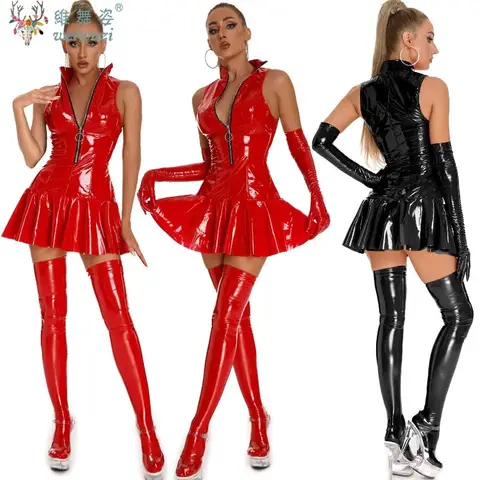 Sexy Exotic Leather Dress Adult Women Zipper Sleeveless Maid Tight Dress NightClub Club Party Clothing Shiny Latex Wet Plus Size