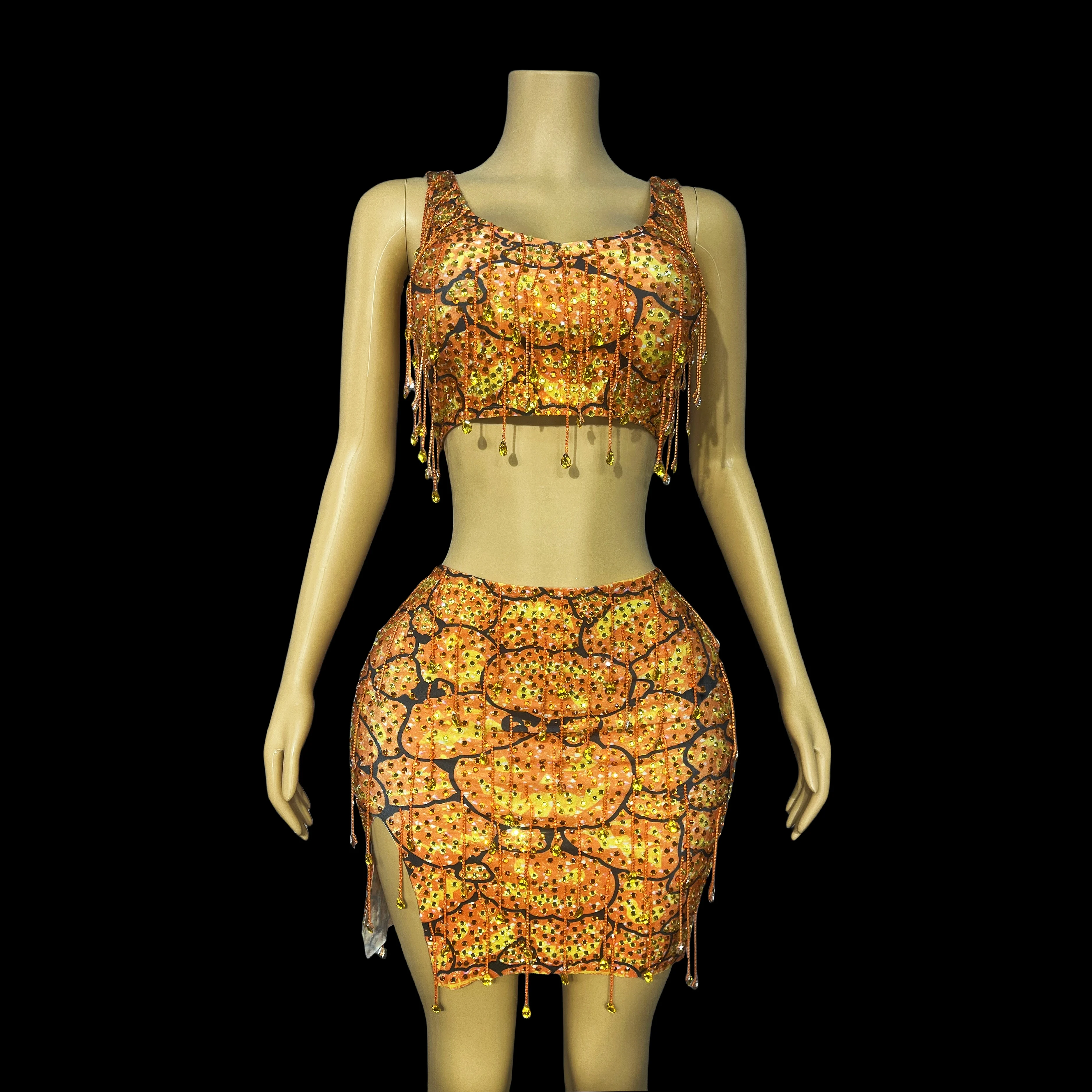 أكمام البرتقال الراين هامش أعلى تنورة مساء بلينغ بلورات سلاسل عيد ميلاد مثير مشرقة الزي مجموعة Nanguatou