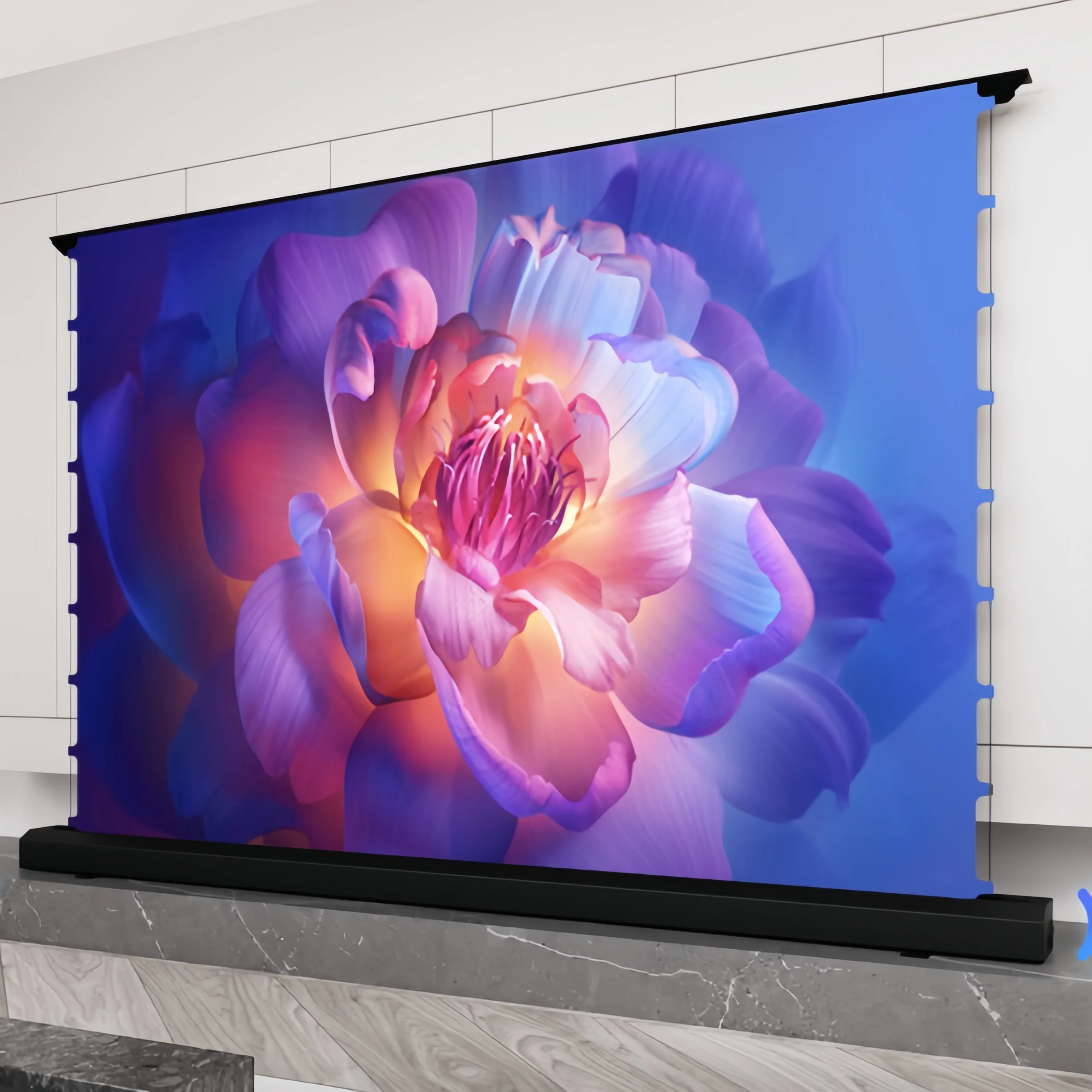 120 Inch High Contrast Retractable Pull Up 4K Electric Motorized Cinema Floor Rising Projector Screen, White Cloth Projection