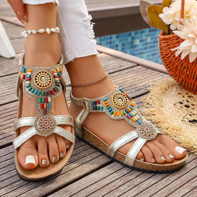 

Bohemian Colorful Beading Thick Sole Sandals Women Summer 2026 Luxury Gold T Strap Sandals Comfort Platform Beach Shoes Mujer