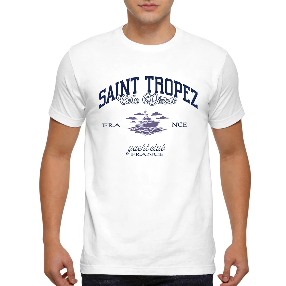 Mens 100% Cotton T Shirt Saint Tropez Cote dAzur Yacht Club Vintage Nautical Print Breathable Short Sleeve Casual Daily Tee