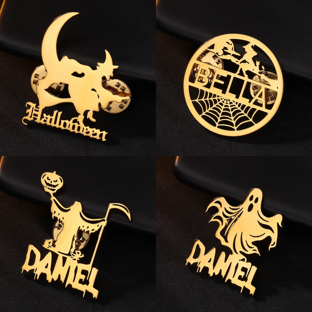 

Custom Halloween Witch Pumpkin Brooch Gothic Bat Ghost Name Brooches Personalized Gold Color Stainless Steel Jewelry Women Men