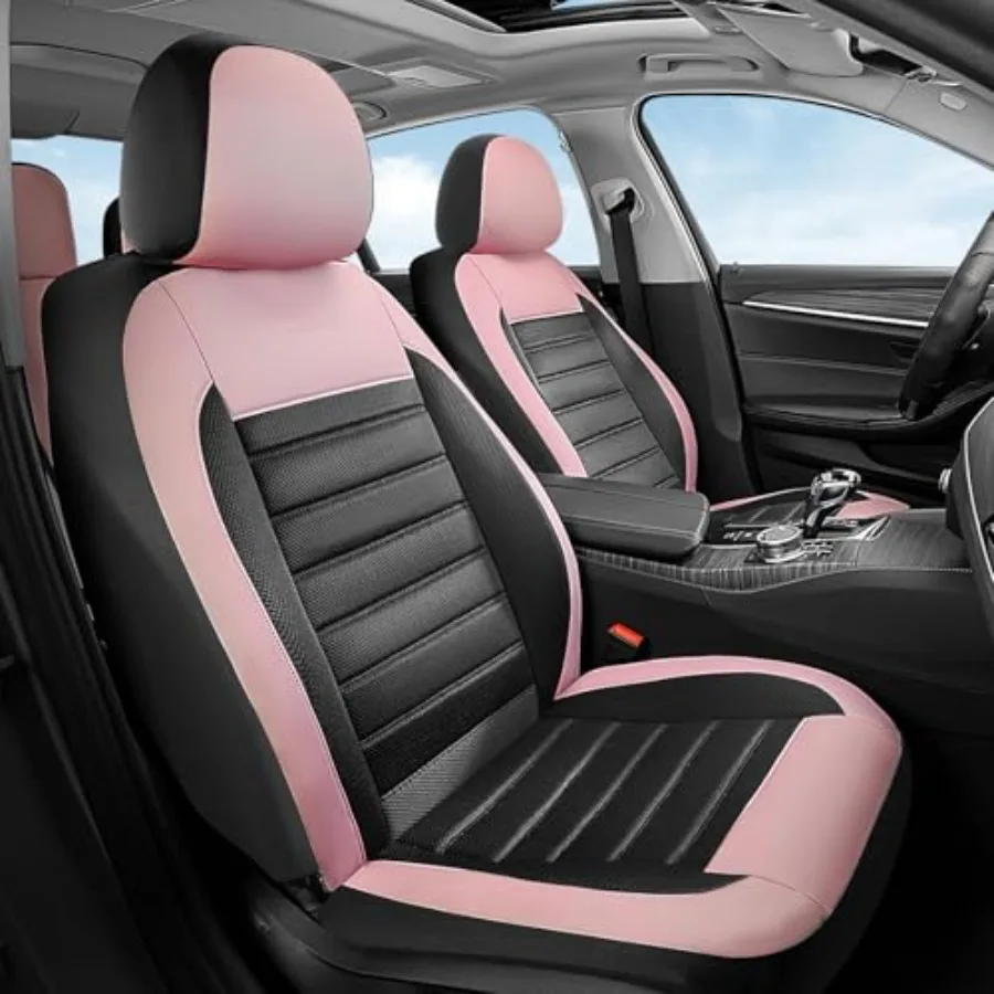 

Front Seat Car Seat Covers Luxury Leather 2 Pack Airbag-Compatible Black Pink Automotive Mesh Covers for SUV Sedan Truck