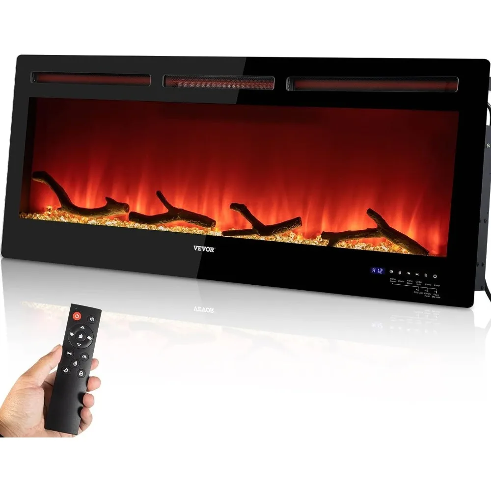 Electric Fireplace, 50-inch Recessed and Wall Mounted, Adjustable Flame Colors and Speed with Remote Control & Timer, Black