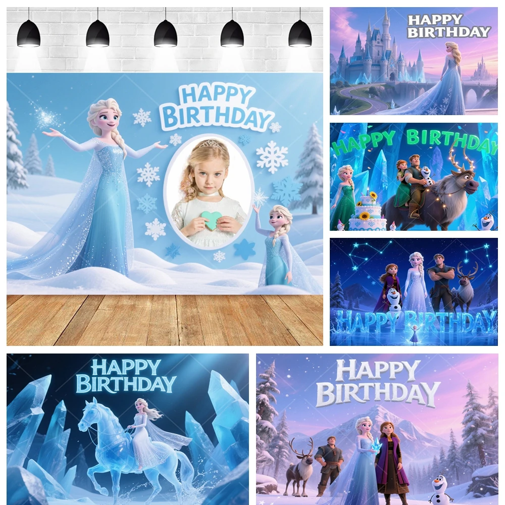 

Elsa Anna Ice Castle Princess Birthday Background Frozen Girls Party Customized Name Decor Photography Backdrop Baby Shower Prop