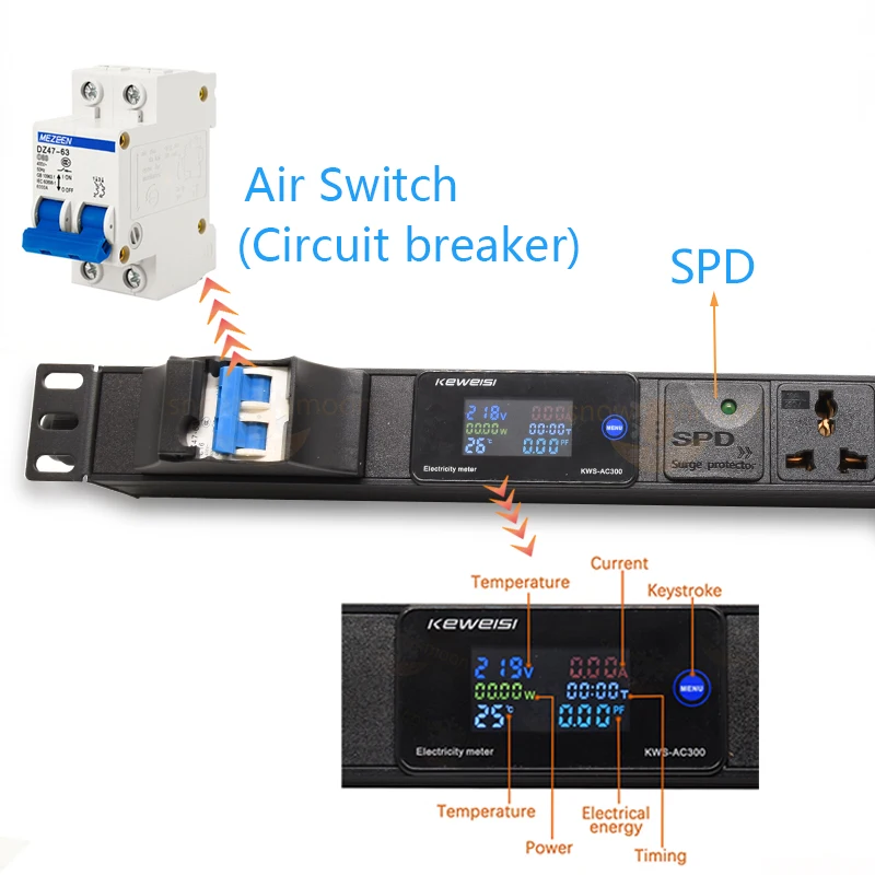 PDU Smart Power Strip Distribution Unit Without line 4000/8000W 2-6 Ways Socket 2USB Digital display Meter Surge Protector