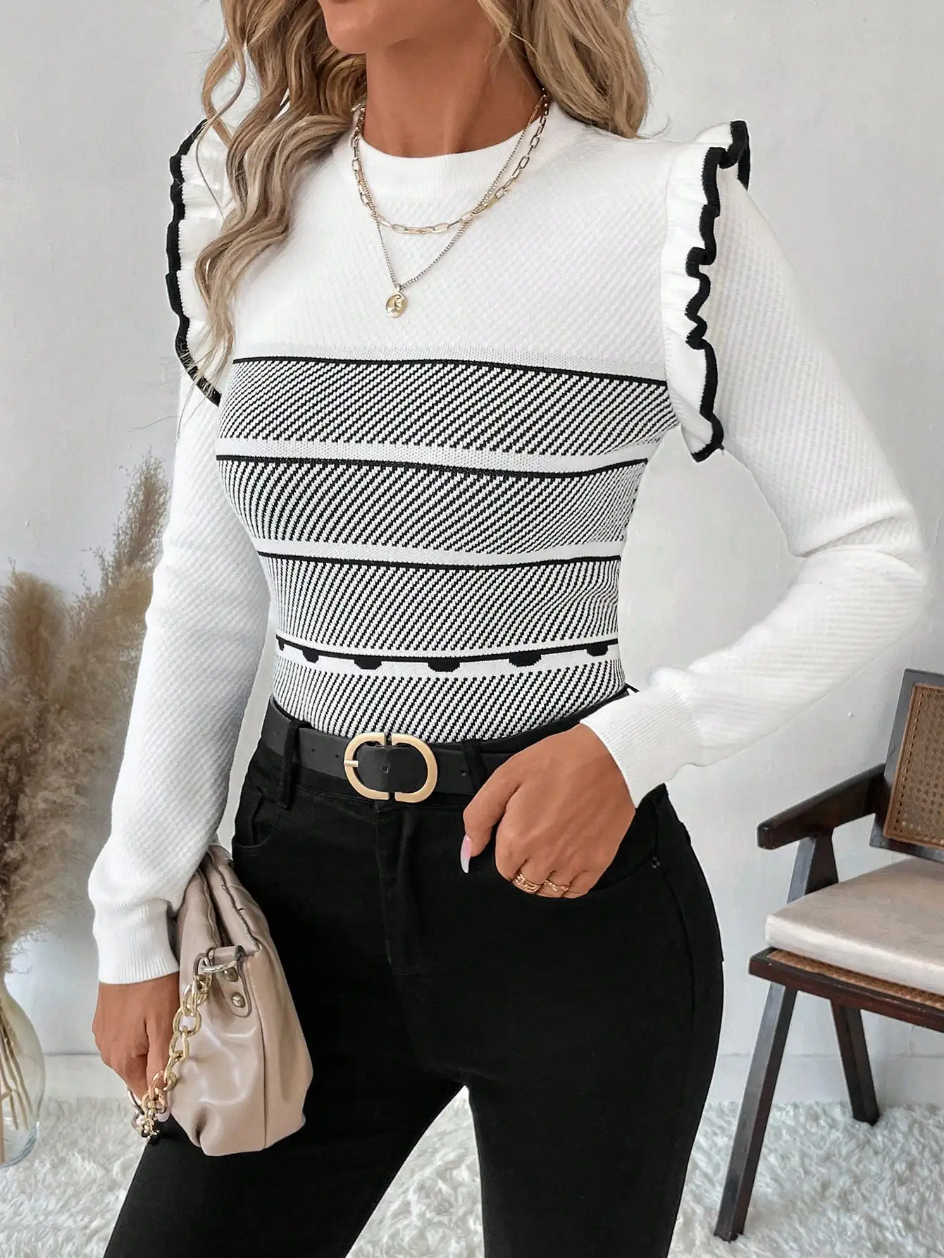 

Women's Fitted Knit Pullover with Ruffle Sleeves, Striped Color Block Design for Fall Winter